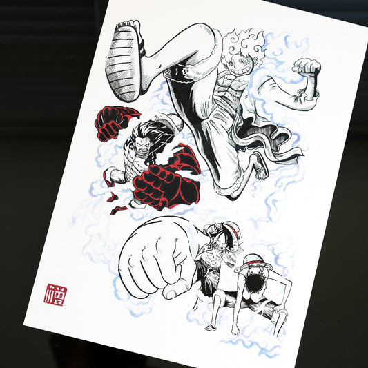 One Piece fan art poster featuring Monkey D. Luffy in Gear 2, Gear 3, Gear 4 and Gear 5 forms in dynamic collage with haki, motion effects, and stylized poses – Artysn Studio