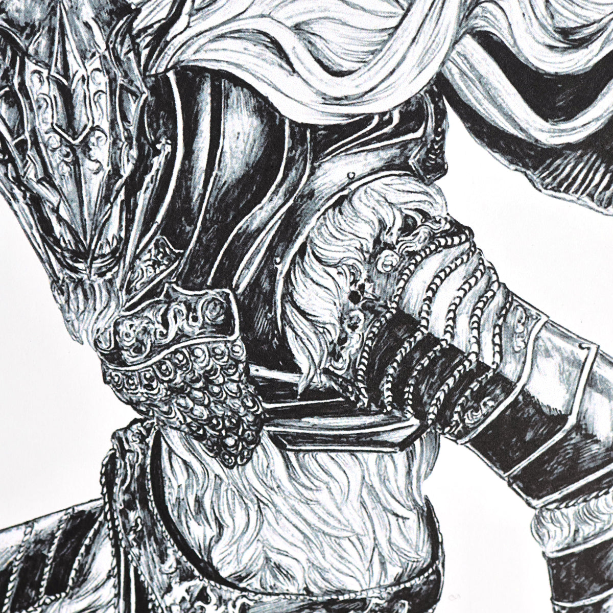 Closeup of dark fantasy art print of Maliketh from Elden Ring, featuring Entransing’s signature detail shading