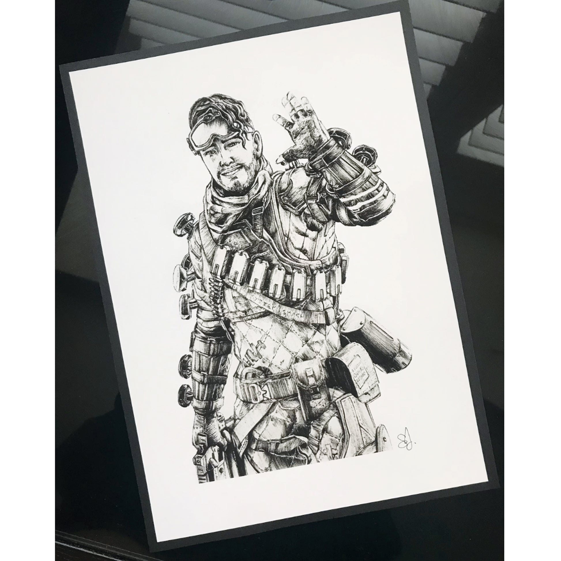 Hand drawn Mirage art print, inspired by Apex Legends.