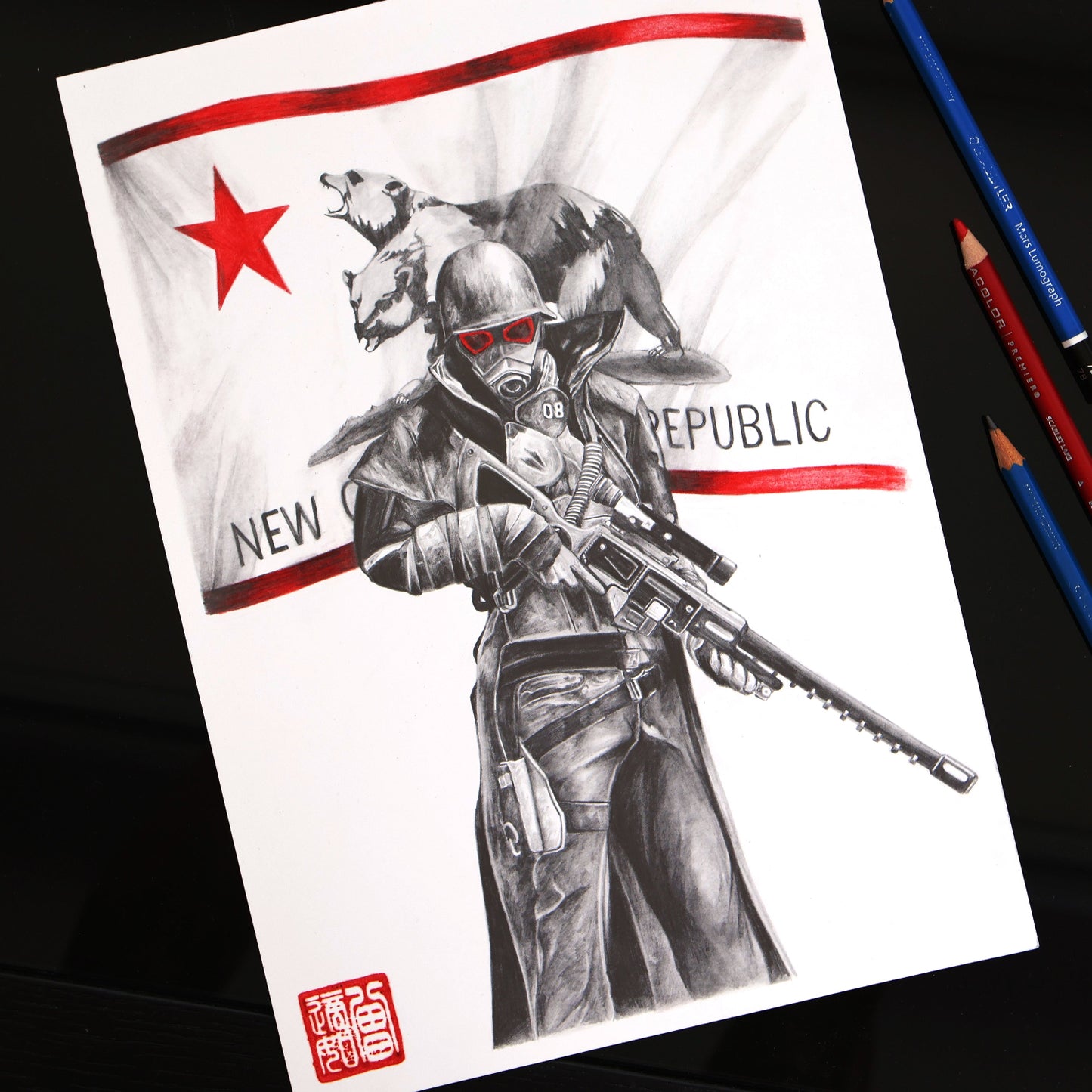 NCR Ranger from Fallout: New Vegas in combat armor with sniper rifle and New Republic flag 