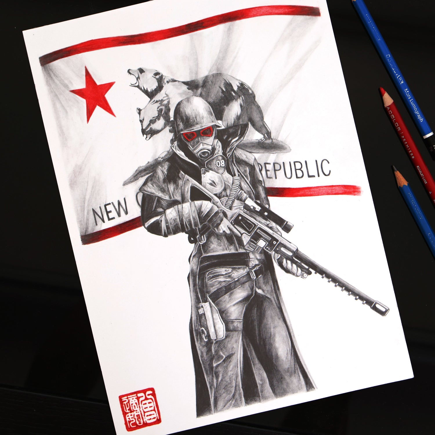 NCR Ranger from Fallout: New Vegas in combat armor with sniper rifle and New Republic flag 