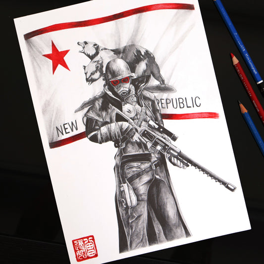 NCR Ranger from Fallout: New Vegas in combat armor with sniper rifle and New Republic flag 