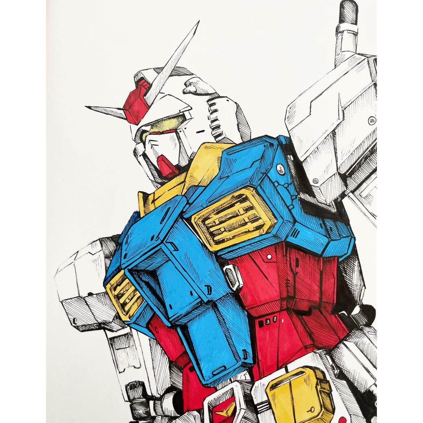 Closeup of hand-drawn fan art, RX-78-2 Gundam from Mobile Suit.