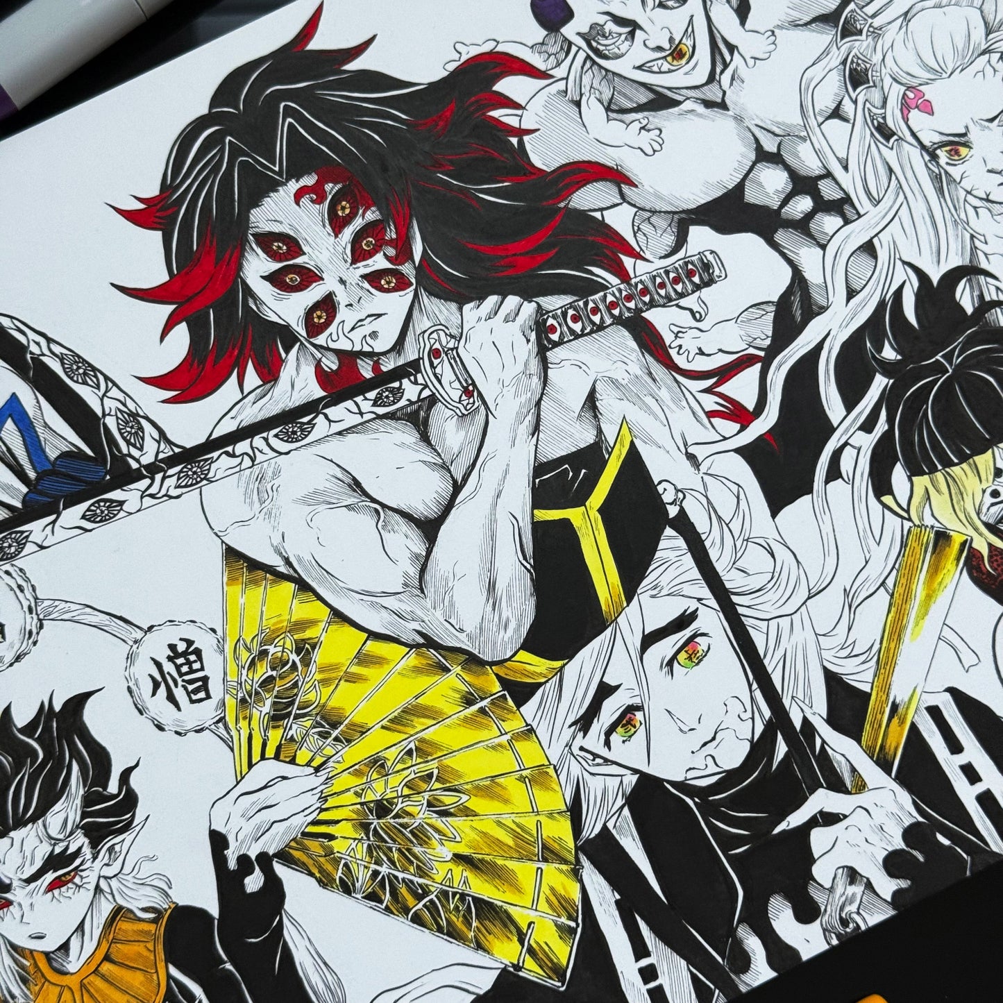 Closeup of art print featuring the Upper Ranks of the Twelve Kizuki from Demon Slayer.