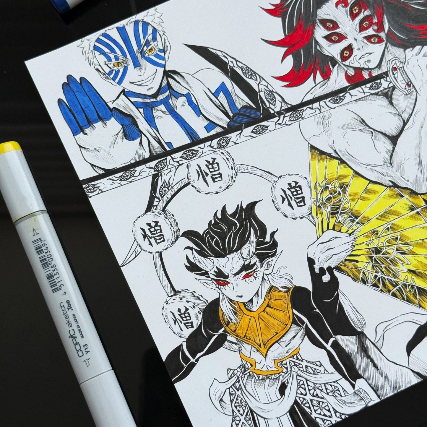 Closeup of left side of art print featuring the Upper Ranks of the Twelve Kizuki from Demon Slayer.