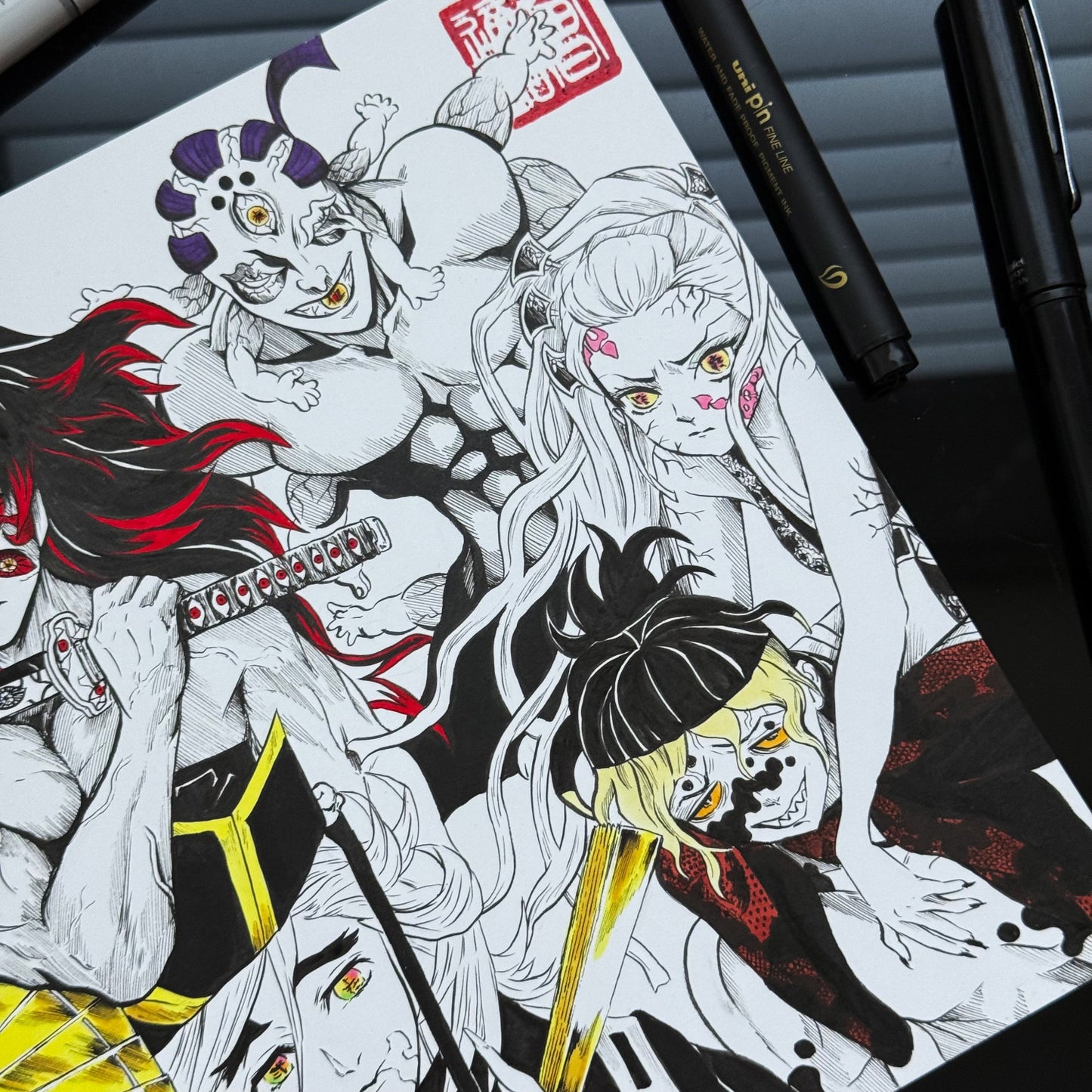 Closeup of right side of art print featuring the Upper Ranks of the Twelve Kizuki from Demon Slayer.