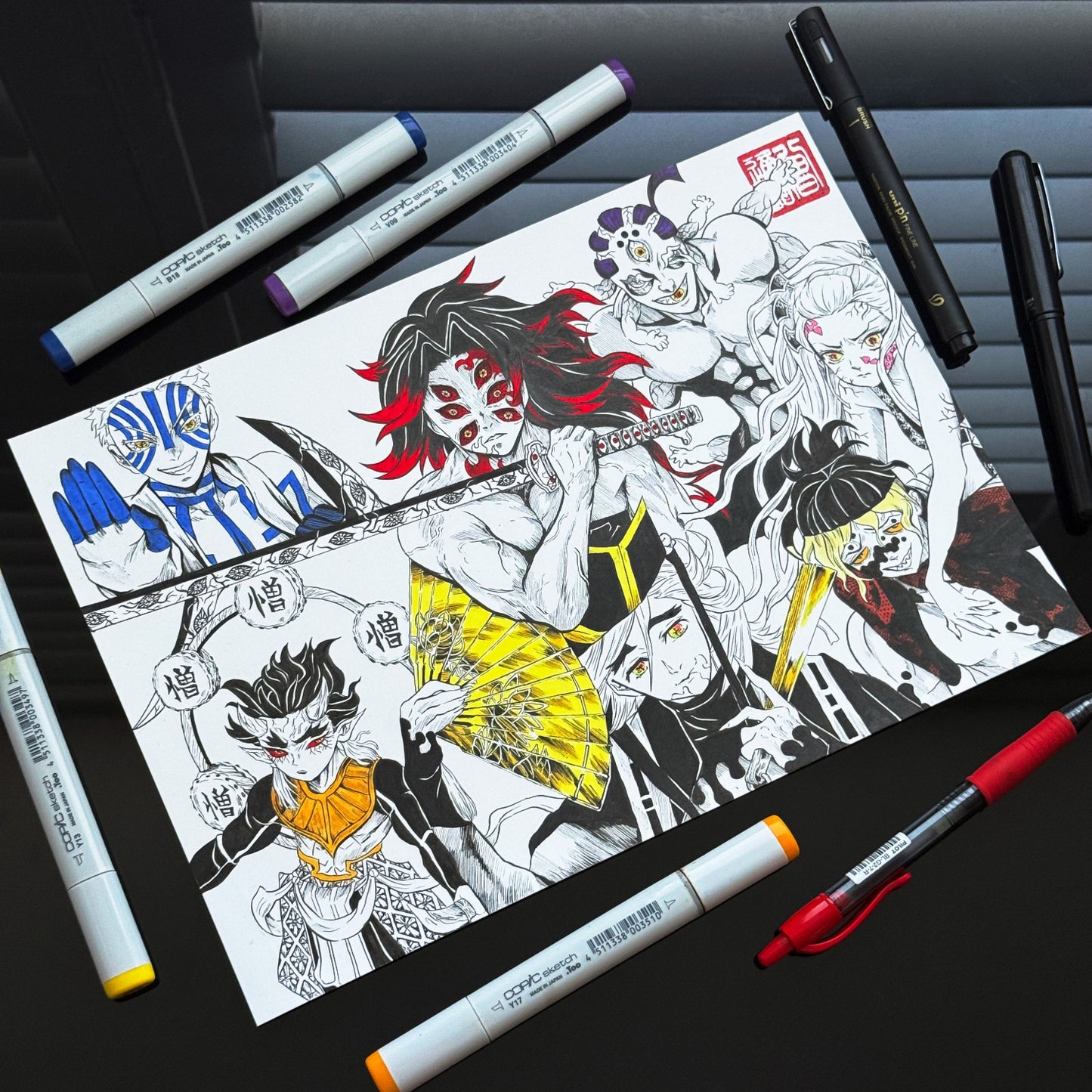 Art print featuring the Upper Ranks of the Twelve Kizuki from Demon Slayer — Kokushibo, Doma, Akaza, Hantengu (Zohakuten), Gyokko, and Gyutaro & Daki — illustrated in vibrant hand‑drawn fan art.