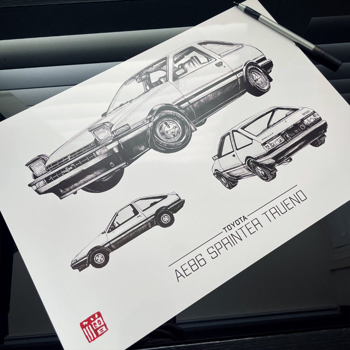 Poster and fan art print featuring the iconic Toyota AE86 Sprinter Trueno from the legendary manga and anime series, Initial D. 