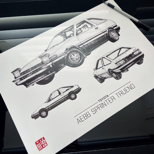 Poster and fan art print featuring the iconic Toyota AE86 Sprinter Trueno from the legendary manga and anime series, Initial D. 