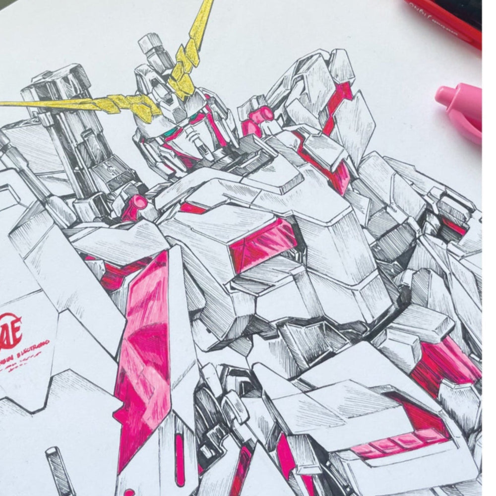 Close up of Entransing's Gundam fan art of the Gundam Unicorn art print, inspired by the Mobile Suit Gundam series.