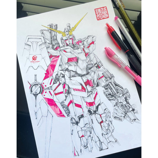 Entransing's Gundam fan art of the Gundam Unicorn art print, inspired by the Mobile Suit Gundam series. This high-quality print captures the awe-inspiring presence of the Gundam Unicorn.
