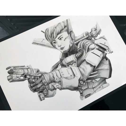 Premium hand-drawn fan art featuring bold Valkyrie holding a gun! Inspired by Apex Legends.