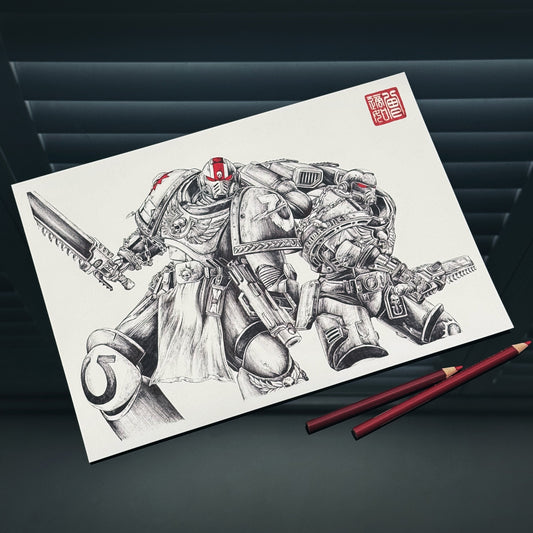 Detailed illustration of a Warhammer Space Marine in full power armour, posed in a dramatic battle stance.

