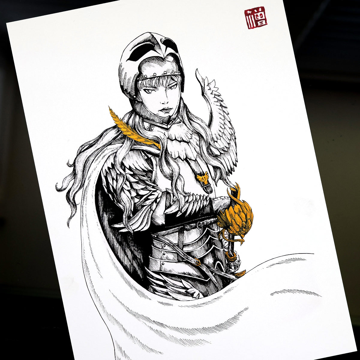 Stylized black and white illustration of Griffith from Berserk in ornate armor with gold accents, flowing cape, and feathered crest. Regal fan art print with high detail and dramatic composition.