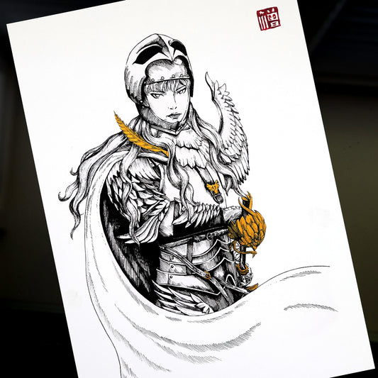 Stylized black and white illustration of Griffith from Berserk in ornate armor with gold accents, flowing cape, and feathered crest. Regal fan art print with high detail and dramatic composition.