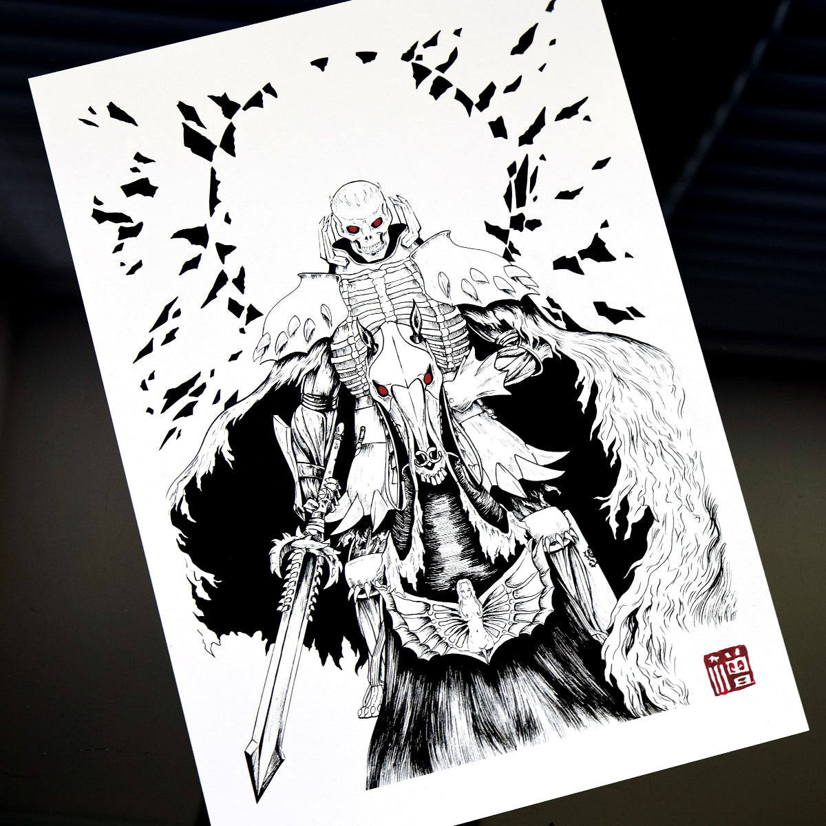 Skeletal warrior riding armored skeletal horse with glowing red eyes. Black and white Berserk-inspired Skull Knight: Red-Eyed Revenant illustration with red artist stamp