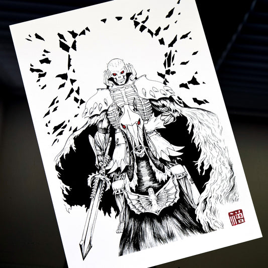 Skeletal warrior riding armored skeletal horse with glowing red eyes. Black and white Berserk-inspired Skull Knight: Red-Eyed Revenant illustration with red artist stamp