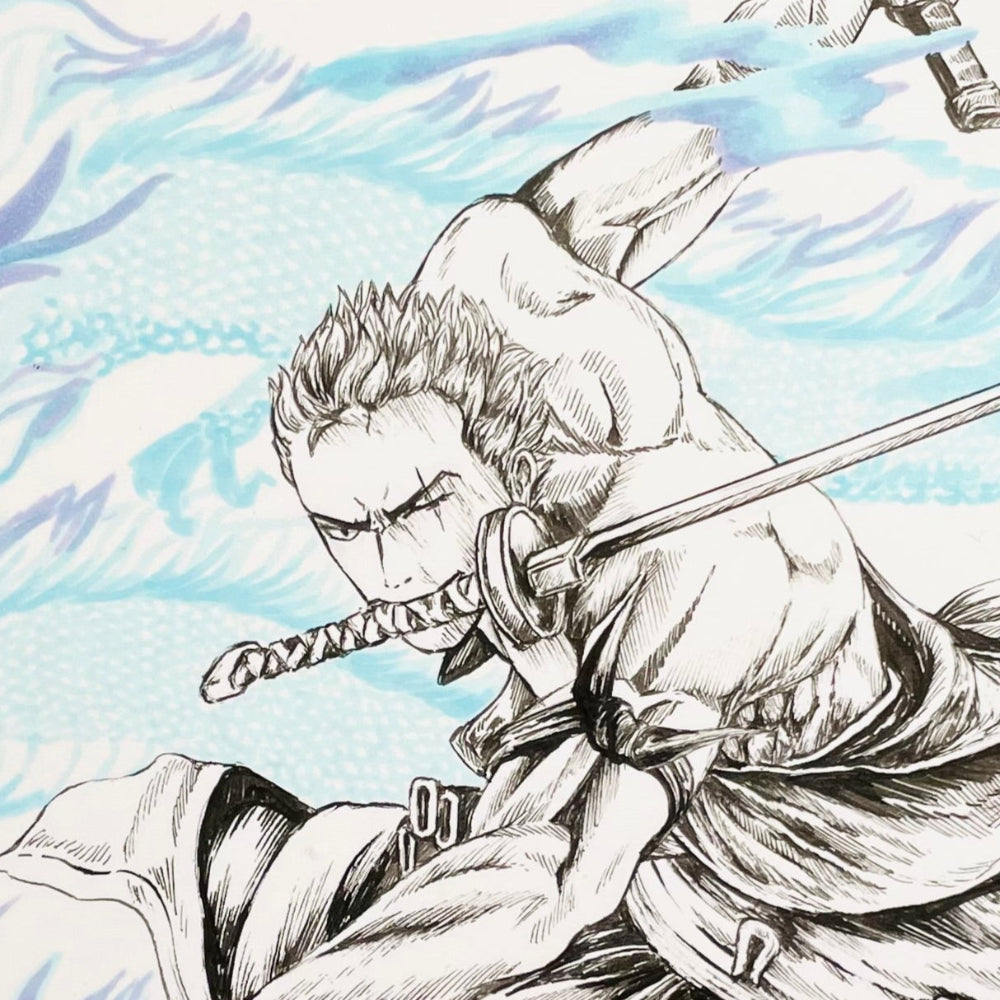 Close up of Entransing's One Piece fan art of the Roronoa Zoro art print, inspired by the legendary manga series. 