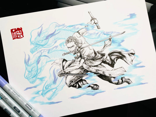 Entransing's One Piece fan art of the Roronoa Zoro art print, inspired by the legendary manga series. This high-quality print captures the fierce determination and unmatched swordsmanship of Zoro. 