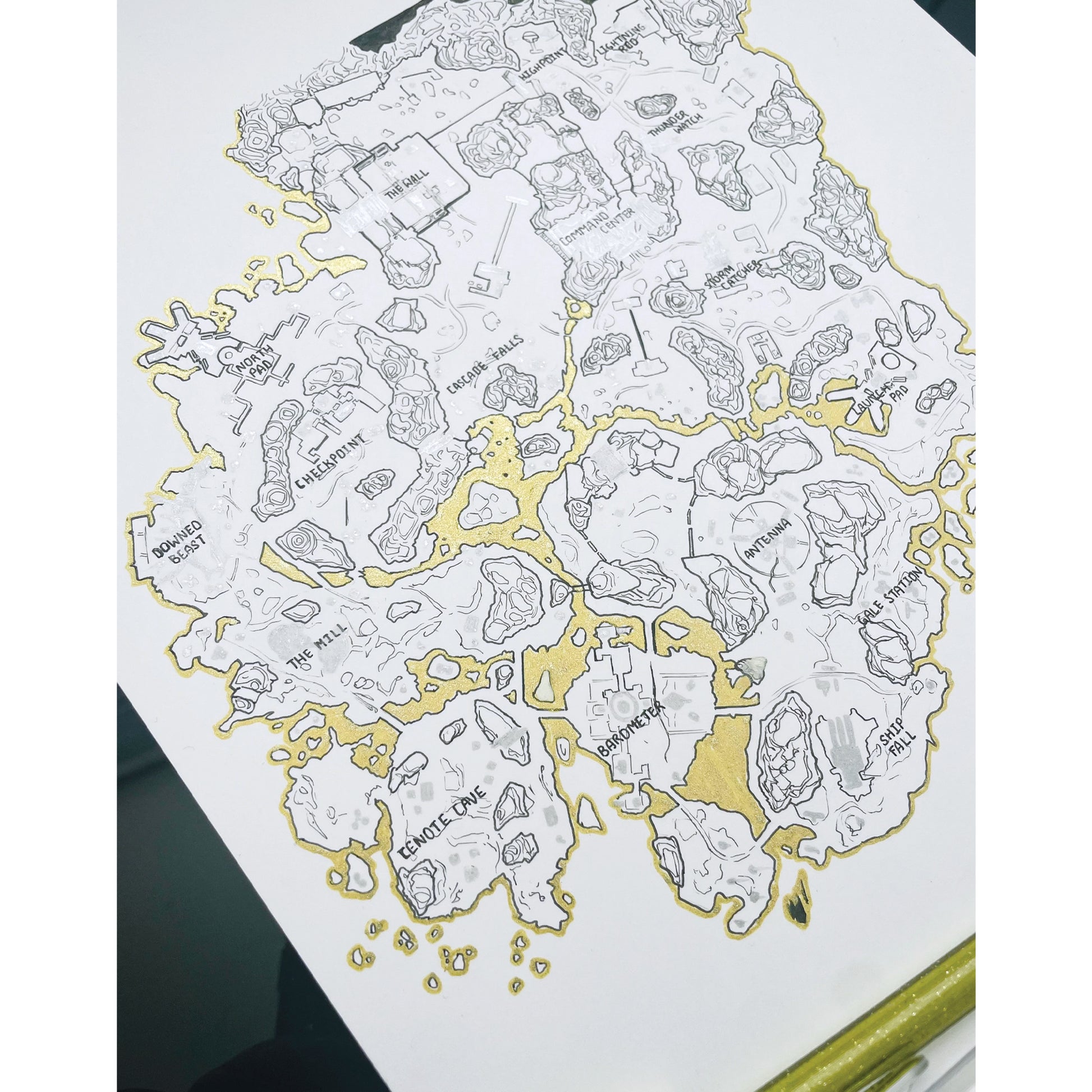 Closeup of intricate Storm Point Map art print, inspired by Apex Legends! Premium print finished off with metallic silver highlights for buildings, and glitter gold highlights for walls and boundaries. 