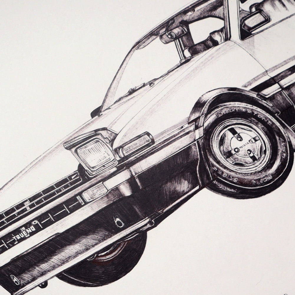 Close up of Entransing hand drawn art print of Toyota AE86 Sprinter Trueno ballpen illustrations, from the legendary manga and anime series, Initial D.