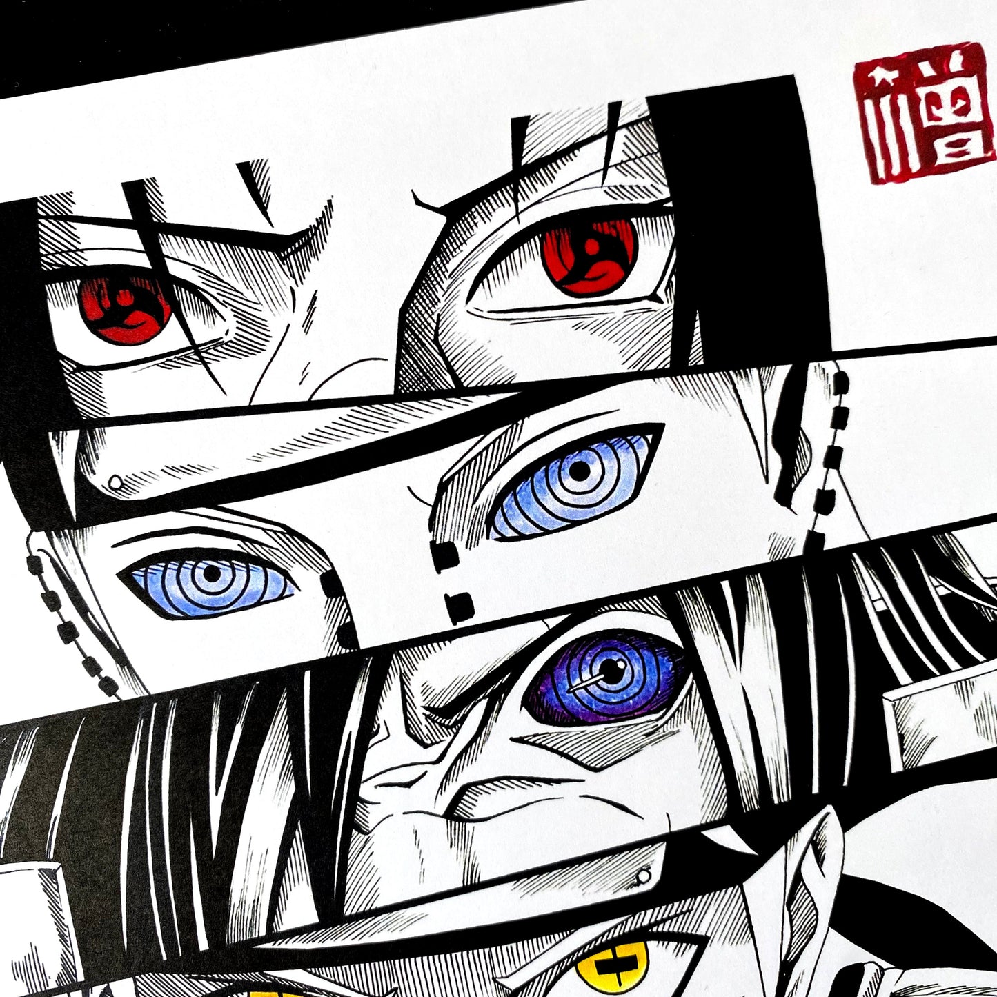 Closeup top half of Naruto Eyes manga panel art print, collage featuring the iconic eyes of Naruto Uzumaki, Sasuke Uchiha, Itachi Uchiha, and more.