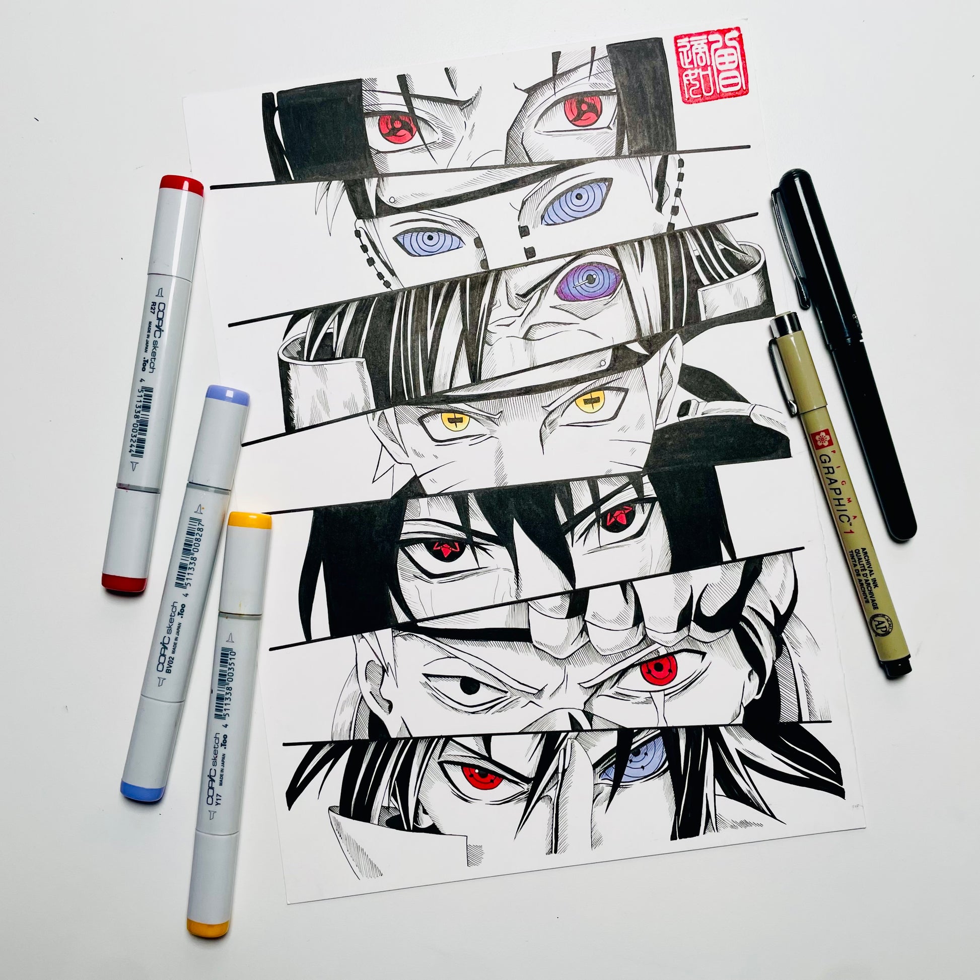 Naruto Eyes manga panel art print, collage featuring the iconic eyes of Naruto Uzumaki, Sasuke Uchiha, Itachi Uchiha, and more on a white background, surrounded by markers.
