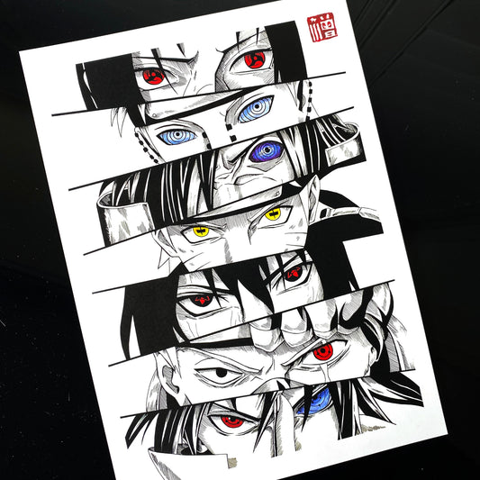 Naruto Eyes manga panel art print, collage featuring the iconic eyes of Naruto Uzumaki, Sasuke Uchiha, Itachi Uchiha, and more.