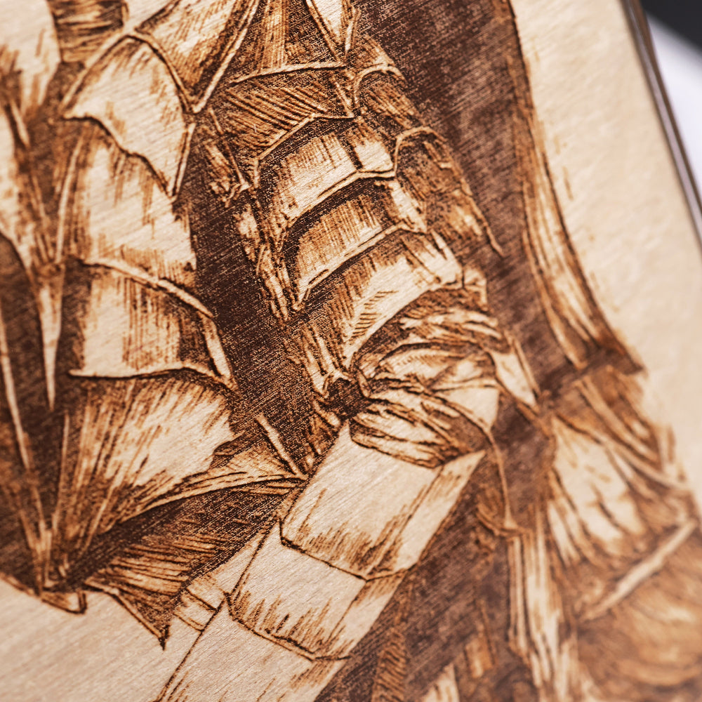 Close up on the armor body of Artysn Studio exclusive laser-engraved plaque, Berserker Armor LayaBoard Art.