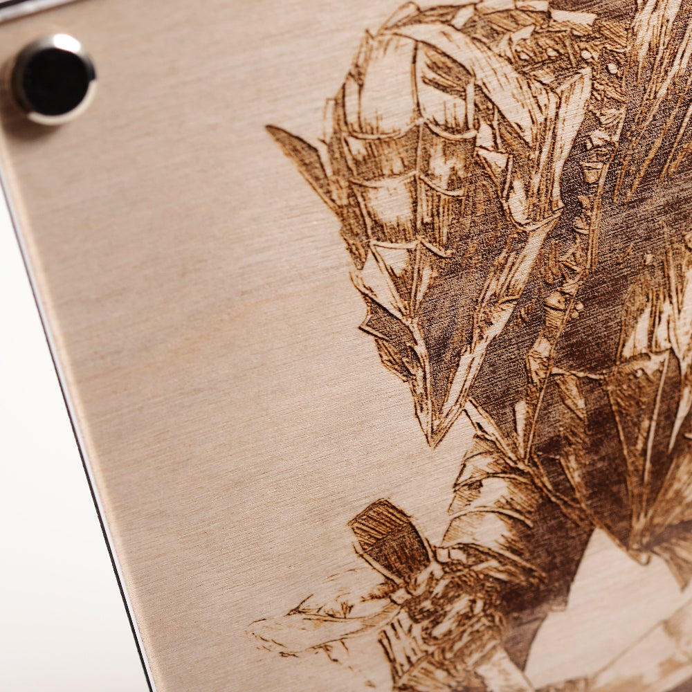 Close up on the helmet of Artysn Studio exclusive laser-engraved plaque, Berserker Armor LayaBoard Art.