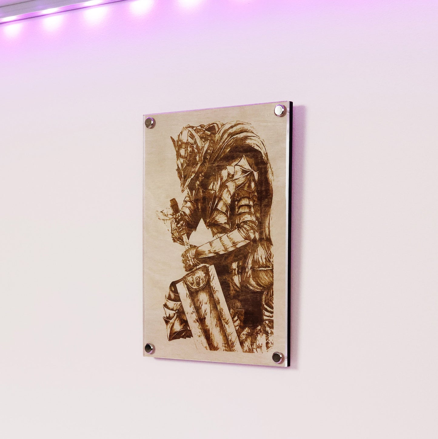 Artysn Studio exclusive laser-engraved plaque, Berserker Armor LayaBoard Art, featuring Guts in his formidable Berserker Armor display on wall.