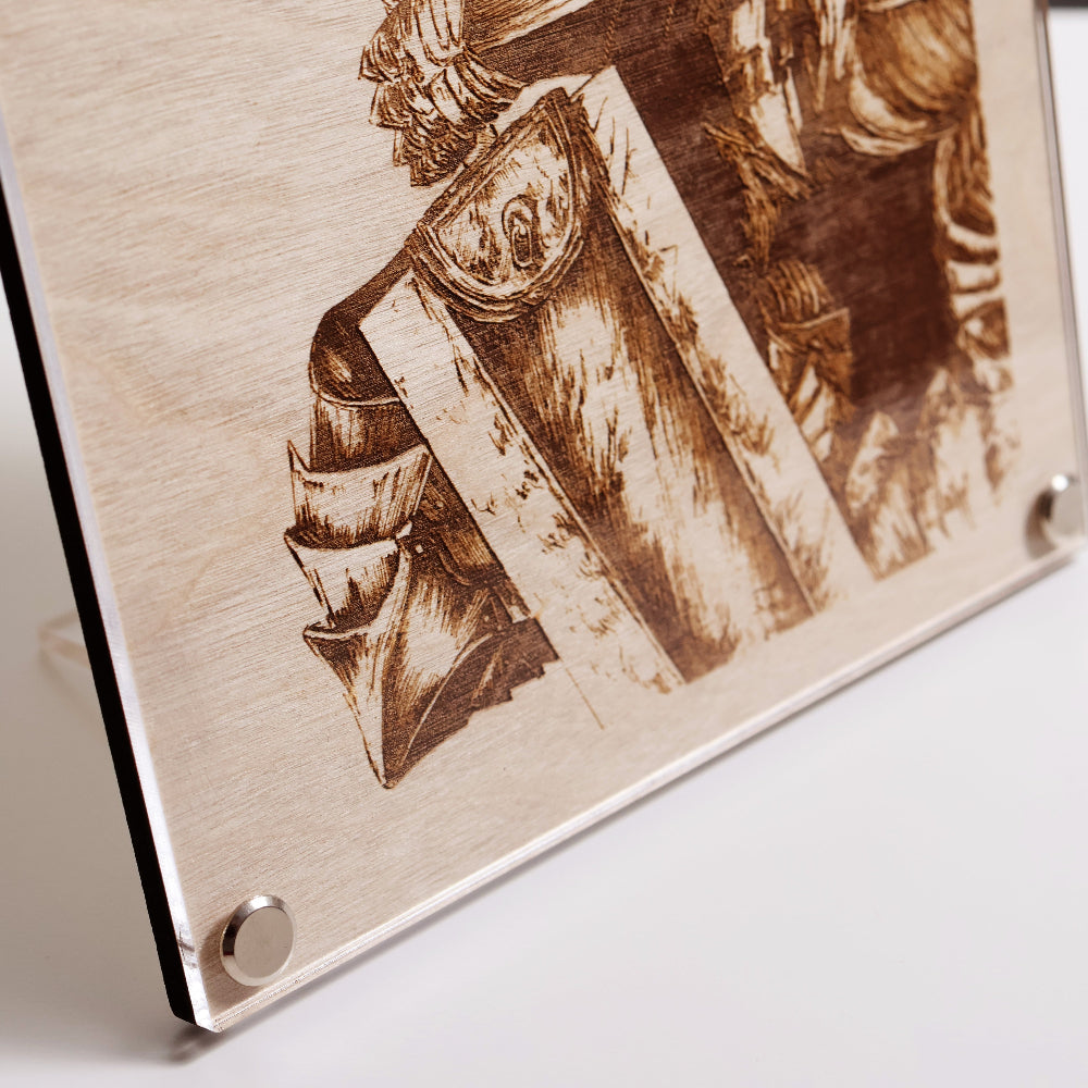 Close up on the sword of Artysn Studio exclusive laser-engraved plaque, Berserker Armor LayaBoard Art.