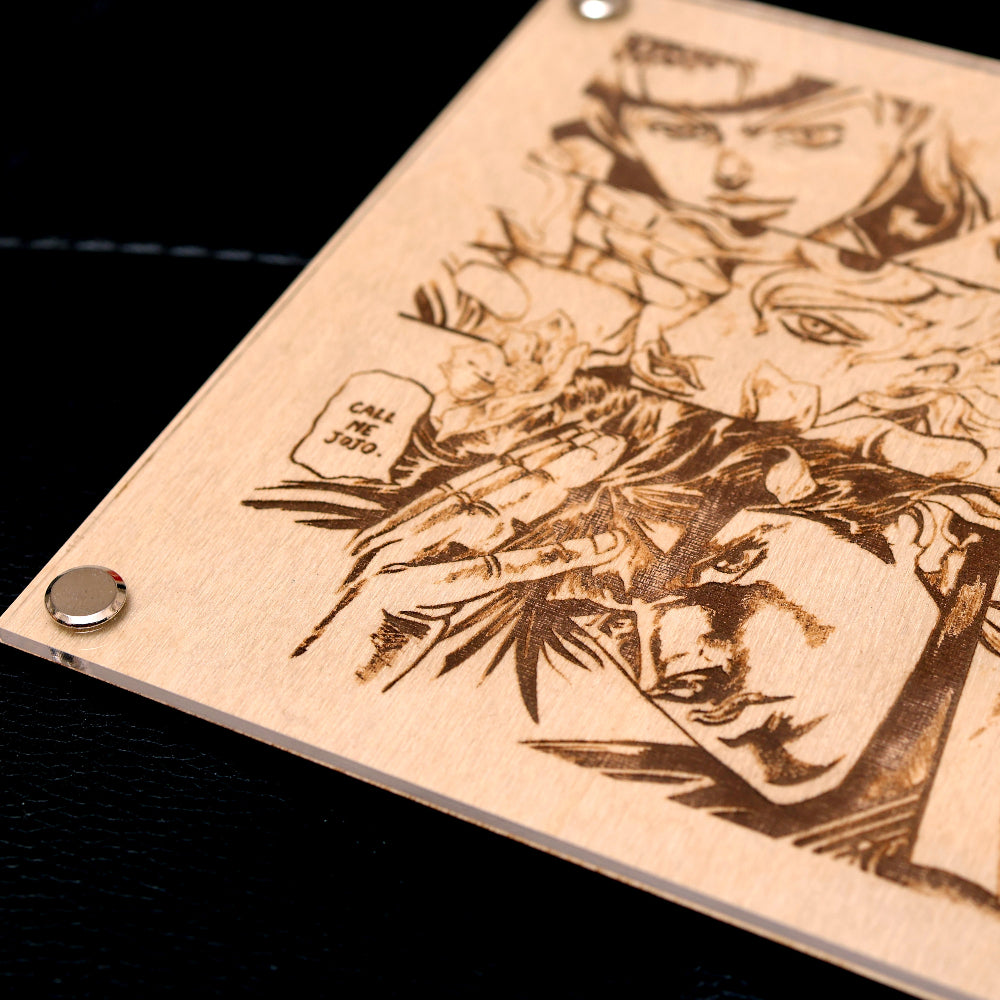 Close up of Laser-engraved plaque artwork featuring the iconic characters from JoJo's Bizarre Adventure. Encased in trademarked LayaBoard frame, blending timeless aesthetics with a sleek, minimalist design.