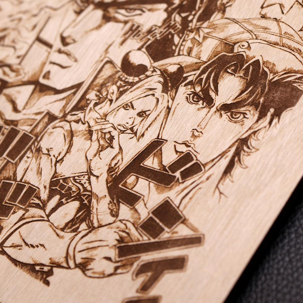 Unique laser-engraved plaque artwork, close up of the iconic character, Jolyne, and Jonathan Joestar from the beloved anime JoJo's Bizarre Adventure.