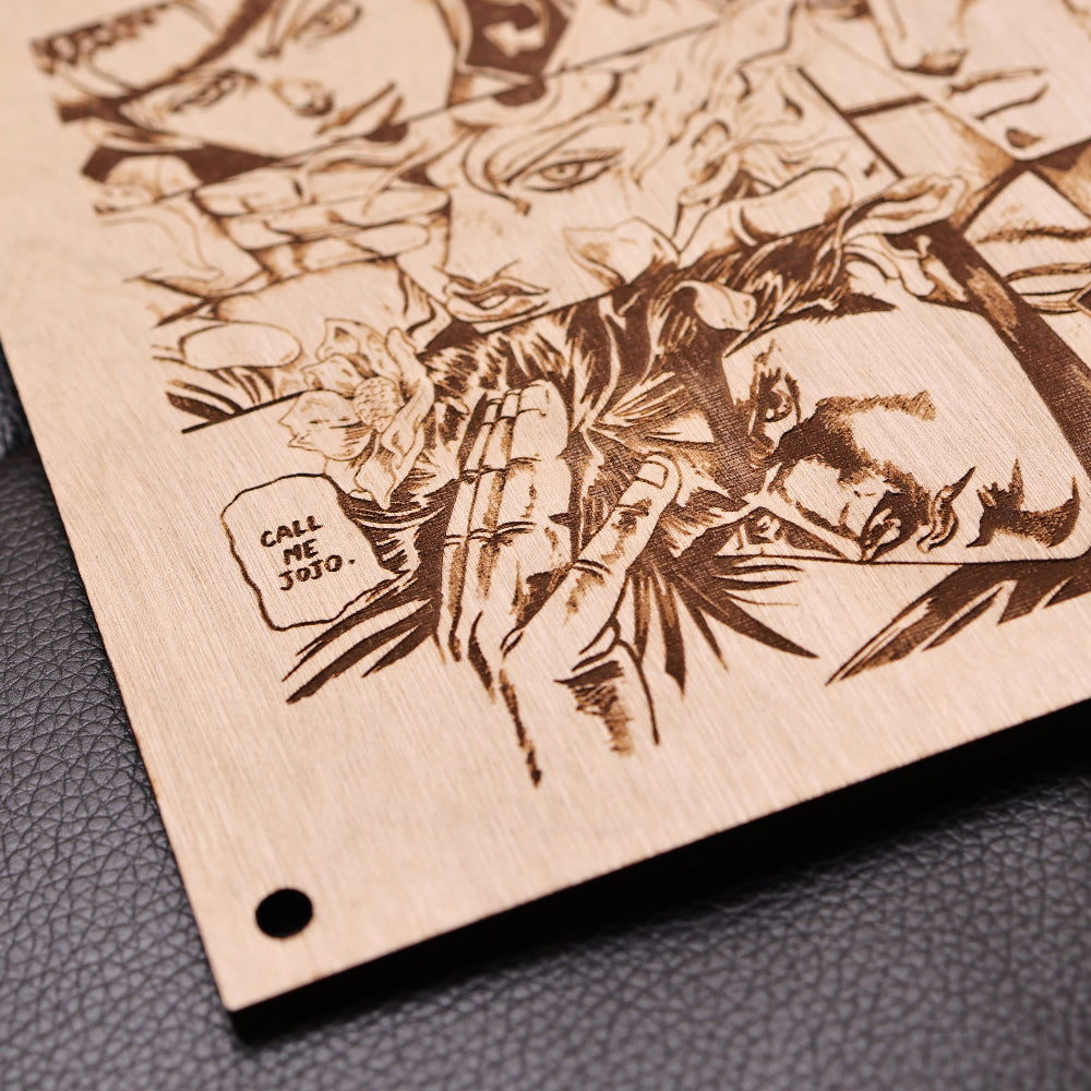 Unique laser-engraved plaque artwork, close up of the iconic character, Joseph Joestar, from the beloved anime JoJo's Bizarre Adventure.