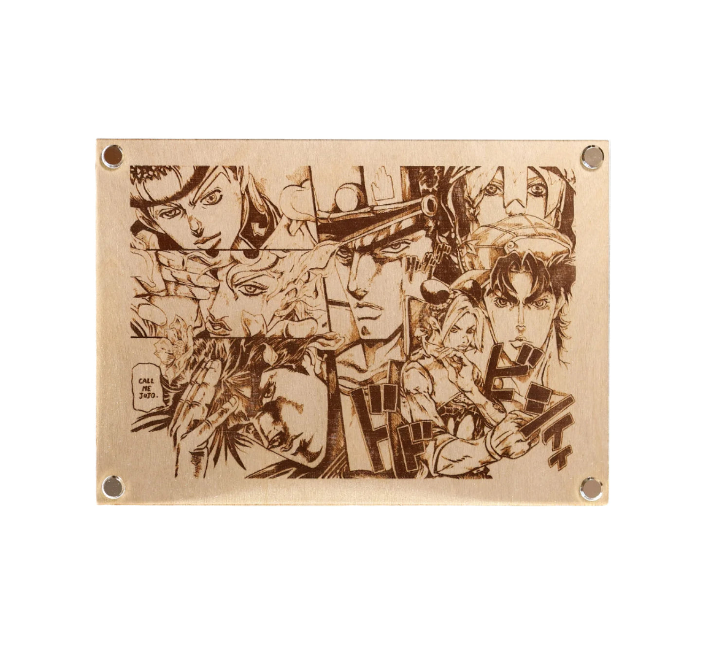 Laser-engraved plaque artwork featuring the iconic characters from JoJo's Bizarre Adventure. Including, Jonathan, Joseph, Josuke, Jotaru, Jolyne, Giorno and Jodio.