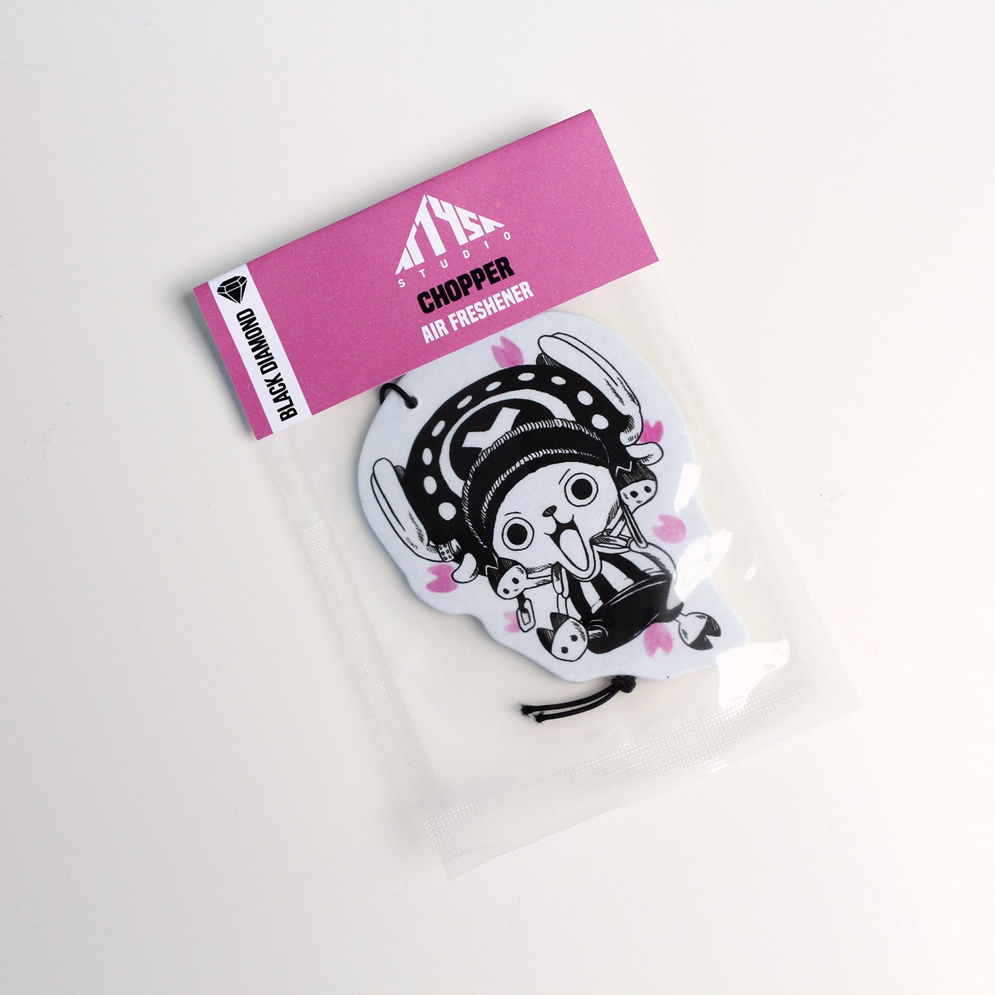 Chopper air freshener in Black Diamond scent with cute One Piece chopper artwork.