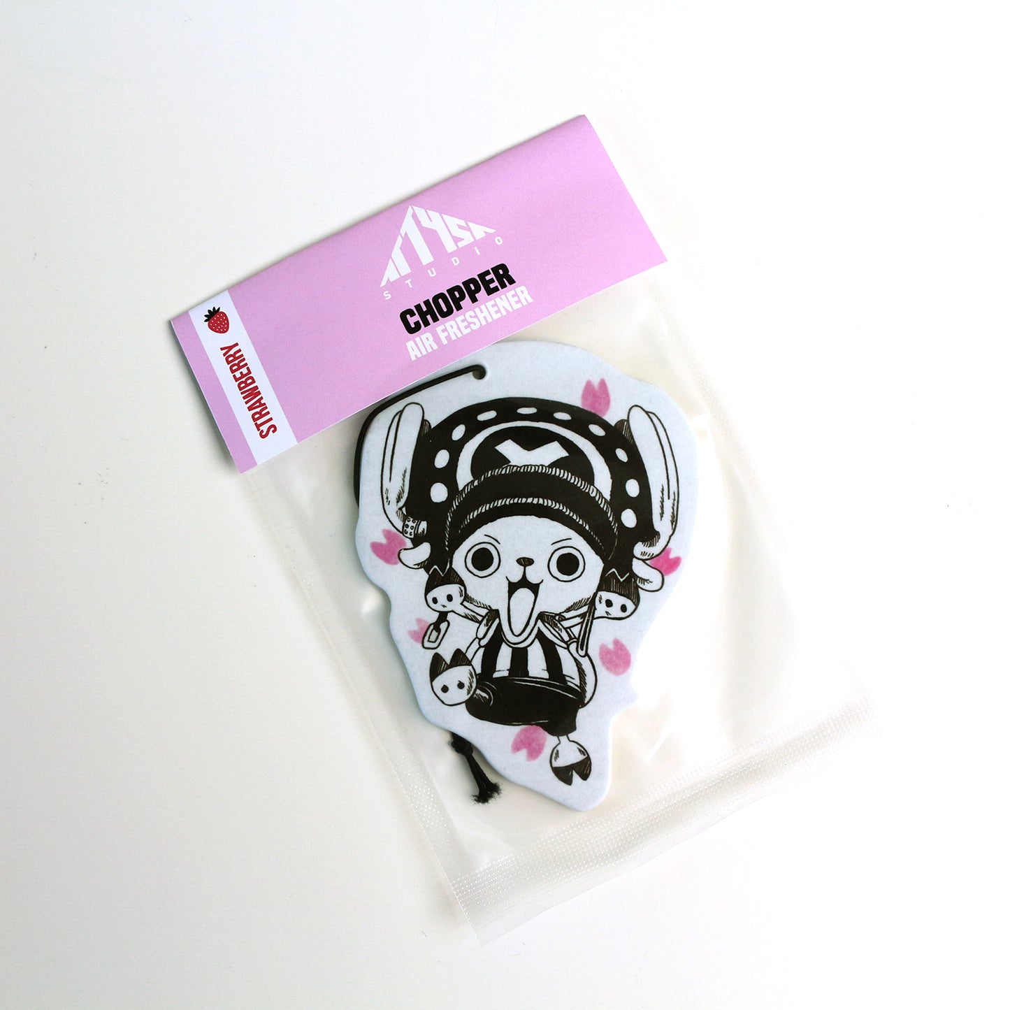 Chopper air freshener in Strawberry scent featuring hand‑drawn Chopper illustration.