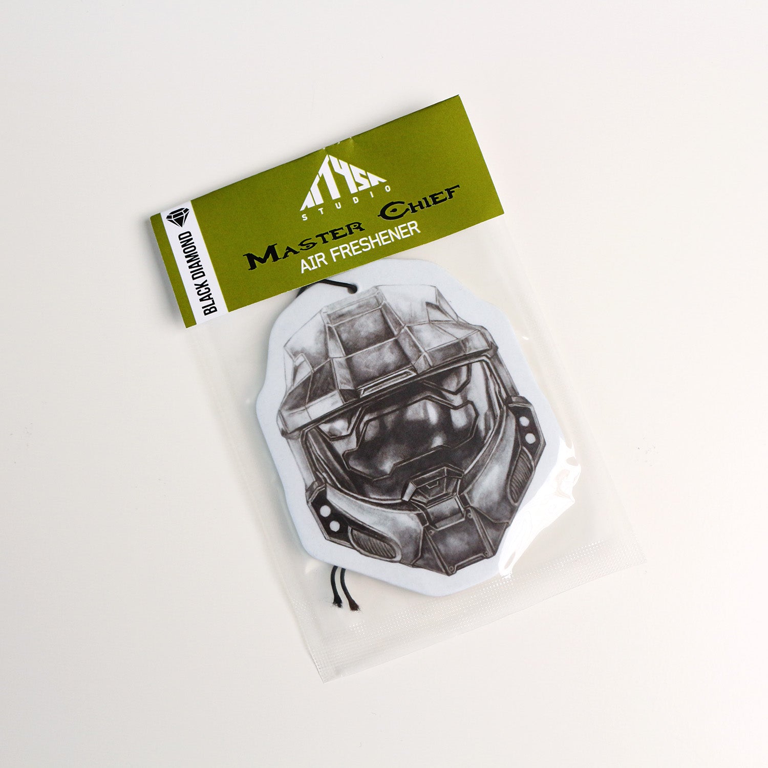 Master Chief air freshener in Black Diamond scent with Spartan 117 artwork.