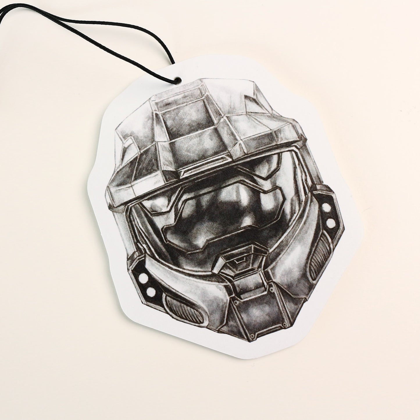 Front view of Master Chief car air freshener featuring detailed visor and helmet illustration.
