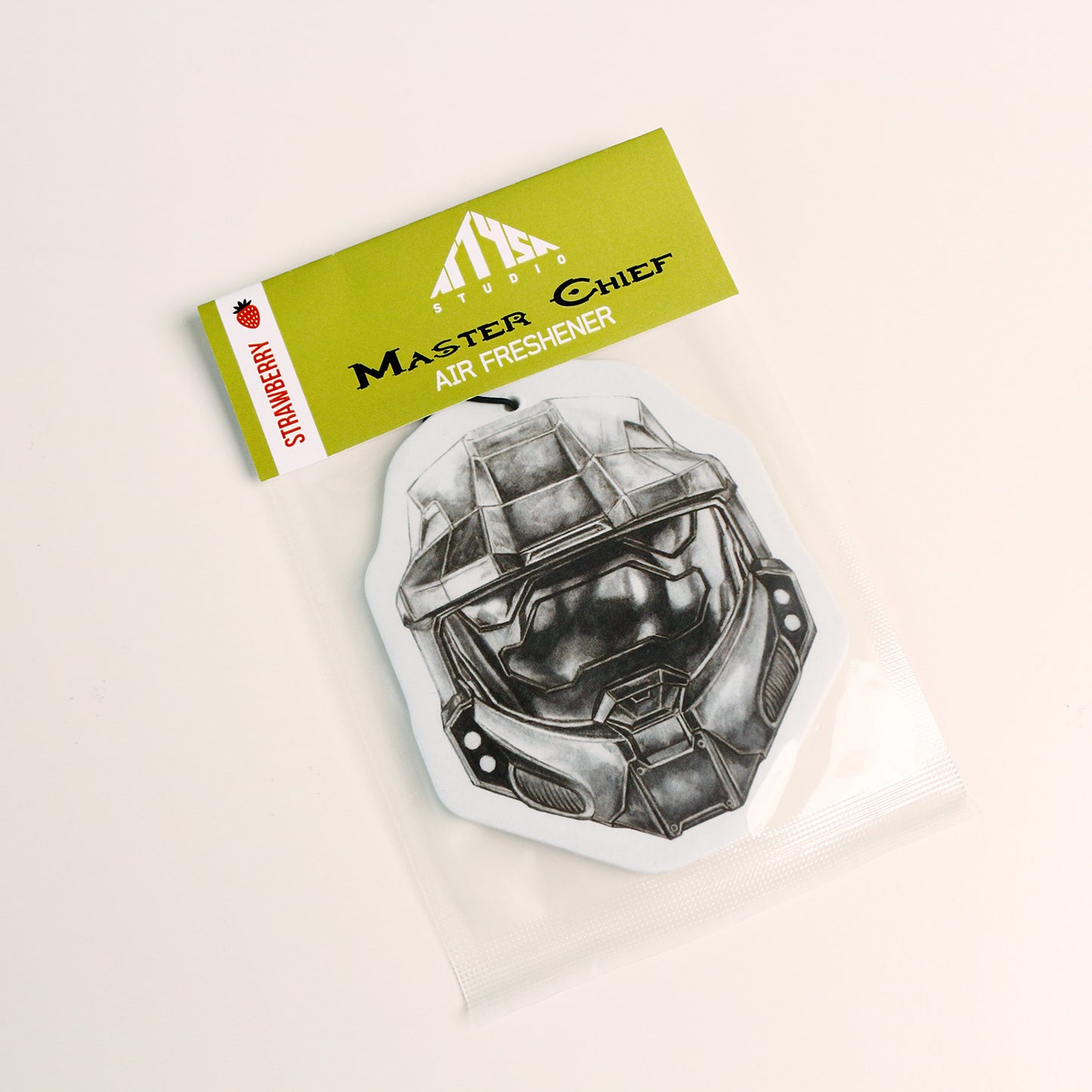 Master Chief air freshener in Strawberry scent featuring Halo‑inspired illustration.