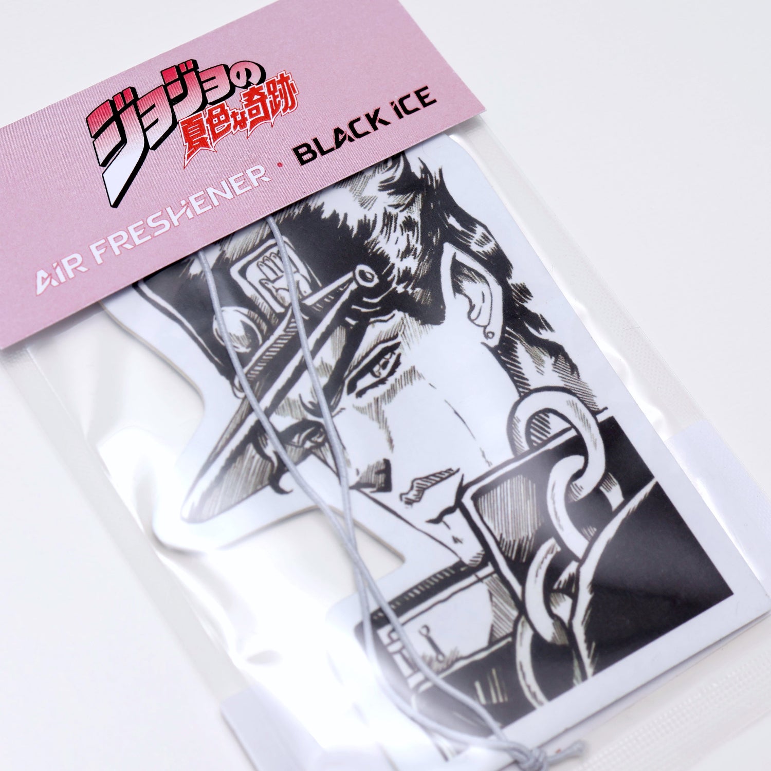 Jotaro Kujo car air freshener Black Ice scent offers a cool, crisp fragrance. Each air freshener comes sealed and includes an elastic tie for easy placement.