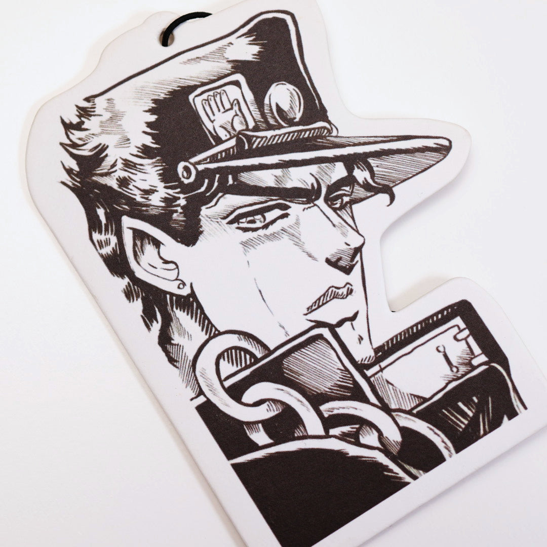 Closeup of Jotaro Kujo car air freshener, inspired by Jojo's Bizarre Adventure. Size: H: 11.5cm, W: 8.5cm.