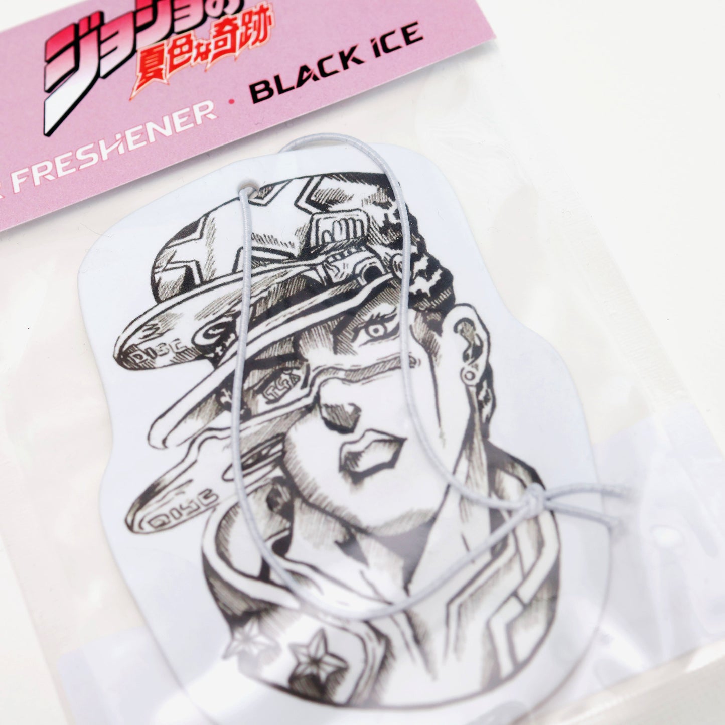 Car Air Freshener - Jotaro Kujo's Discs, inspired by Jojo's Bizarre Adventure Black Ice, offers a cool, crisp fragrance. Each air freshener comes sealed and includes an elastic tie for easy placement.