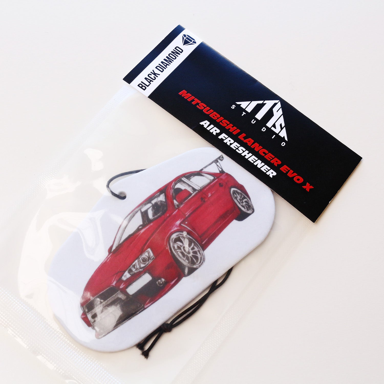 Sealed packaged EVO X car air freshener – Black Diamond scent.