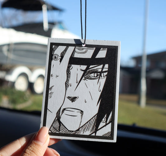 The perfect gift for Naruto art enthusiasts, Naruto Itachi air freshener card is ideal for decorating your car and keep the air fresh. Measures: H: 10cm, W: 7.5cm.