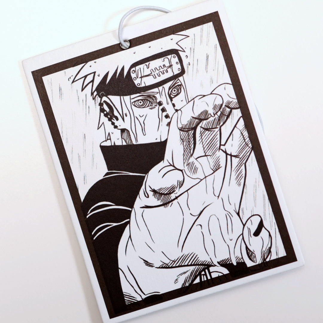 Naruto Pain air freshener card close up, design inspired by Naruto manga