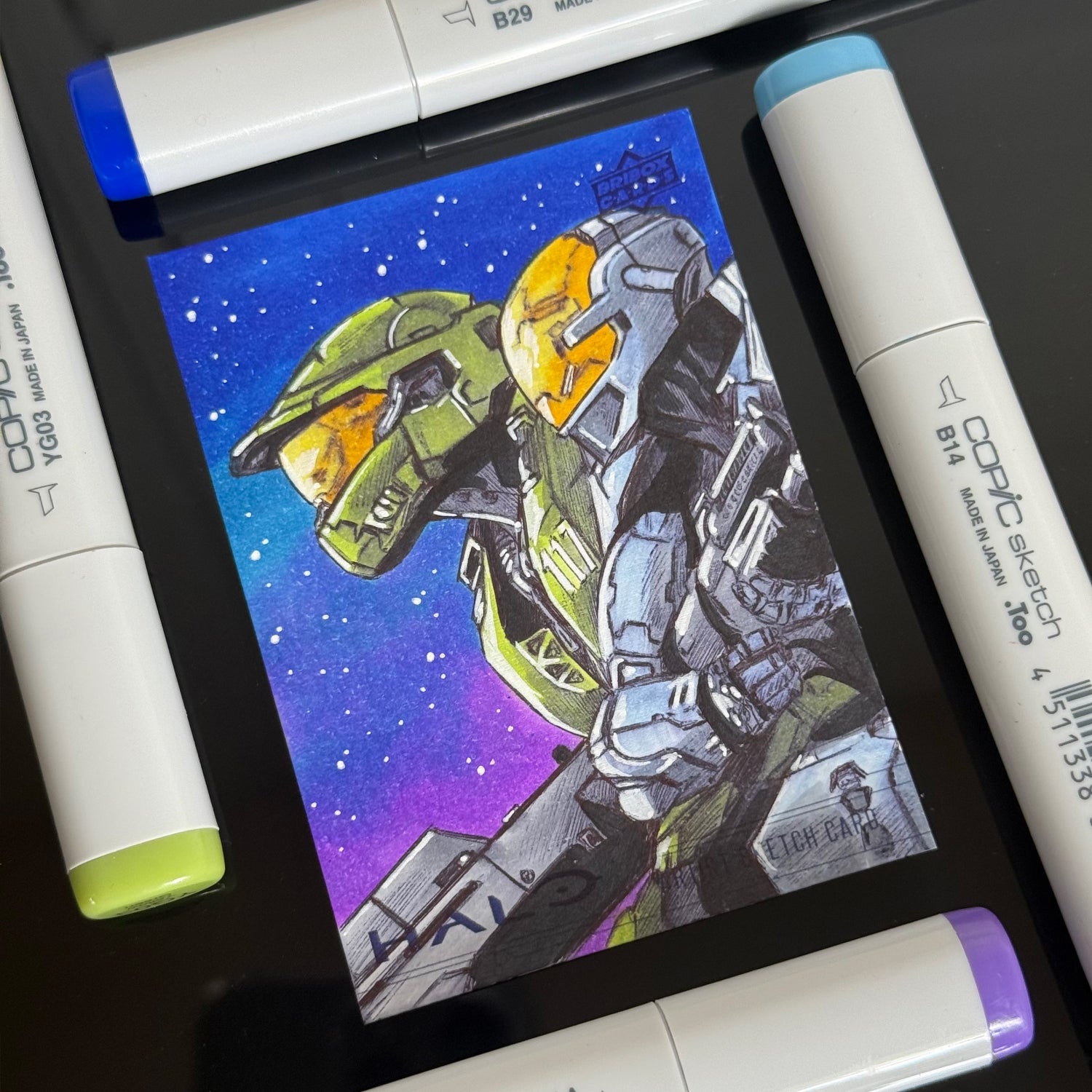 Master Chief and Kelly of Blue Team from Halo Legends, hand‑drawn on custom sketch card.