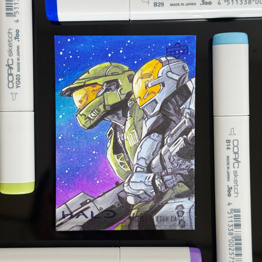 Hand‑drawn Halo Legends sketch card featuring Master Chief and Kelly from Blue Team.