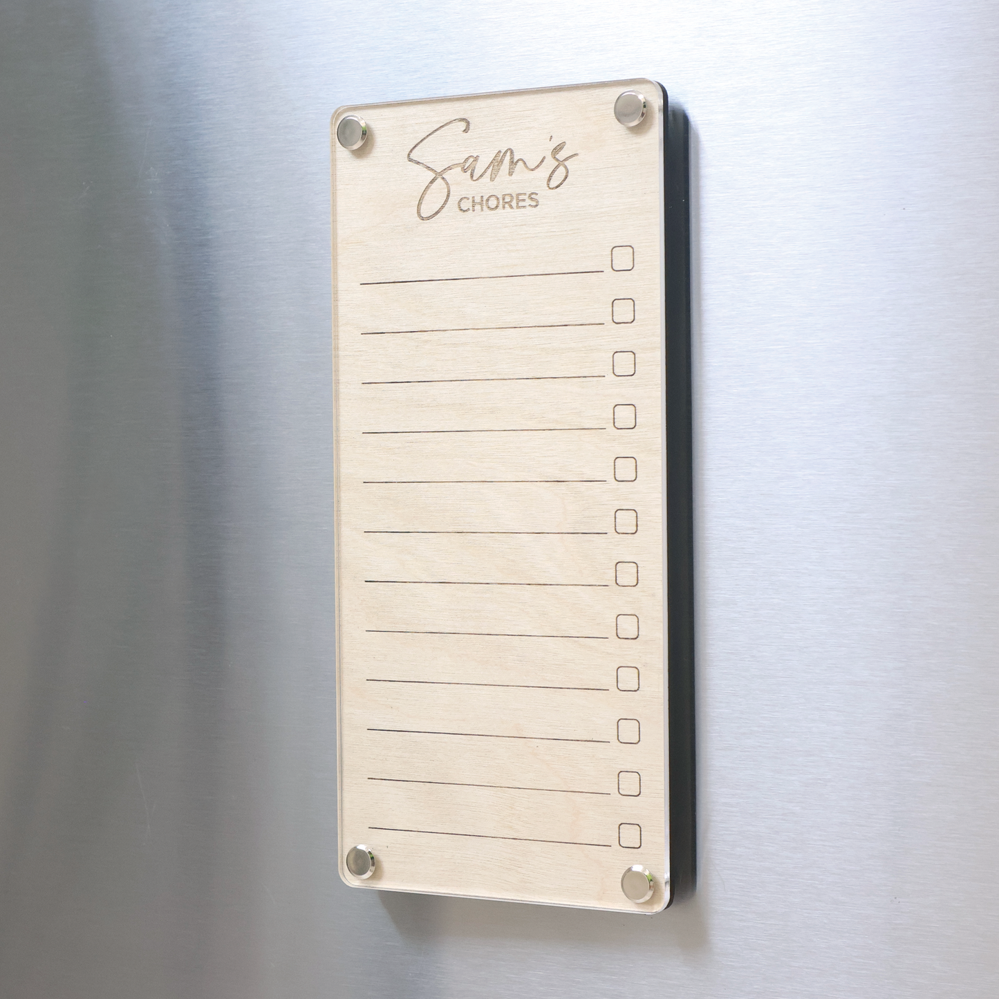 To Do List choreboard with lines and check boxes. Designed by Artysn Studio and trademarked as LayaBoard, this customizable, portable, premium dry-erase/whiteboard come with magnetic mount so you can place it on any magnetic surface, such as a fridge. 